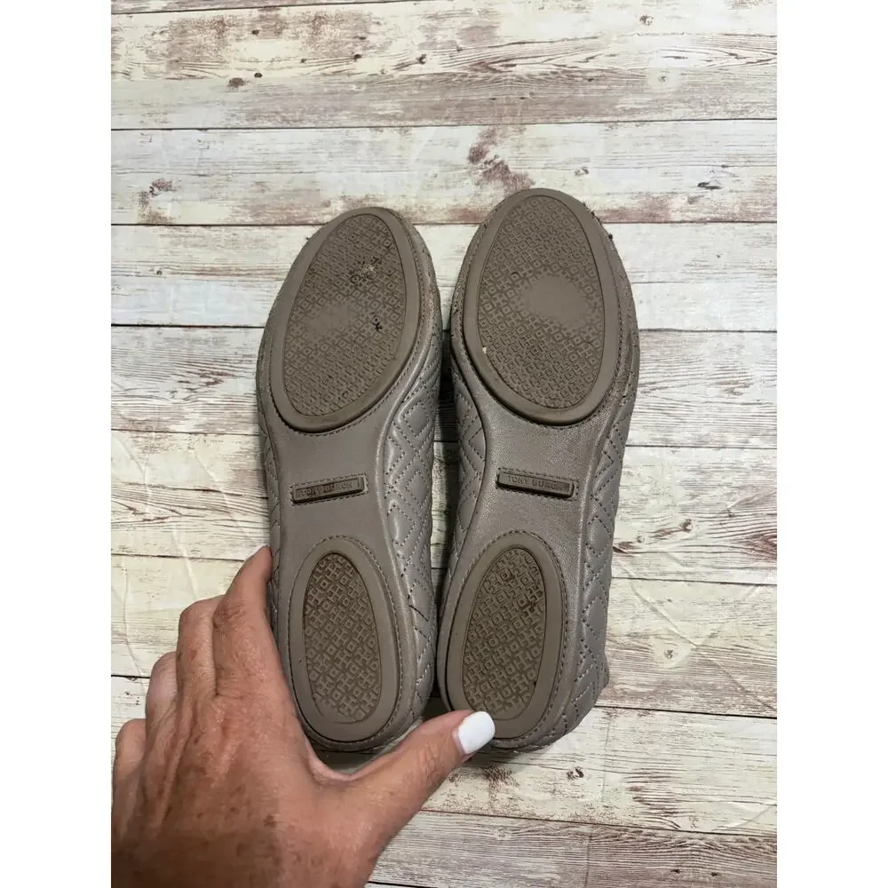 Tory Burch Quilted Minnie Flats Women's Size 8 Dust Storm Gold Logo